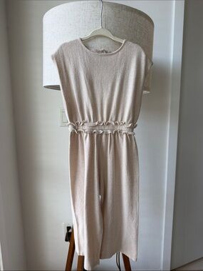 Zara Cream Beige Knit Jumpsuit with Ruffled Waist